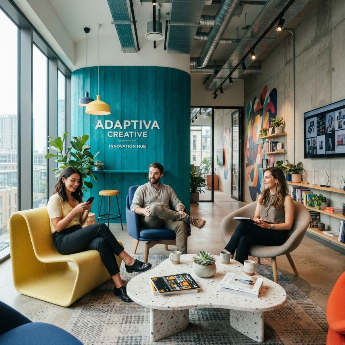 Sala de espera moderna de agencia con mobiliario de diseño profesional